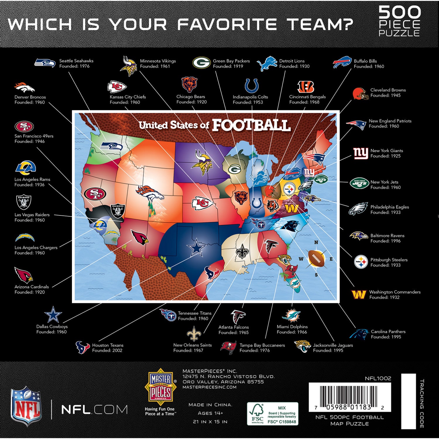 NFL Football Map 500 Piece Puzzle United States of Football Complete